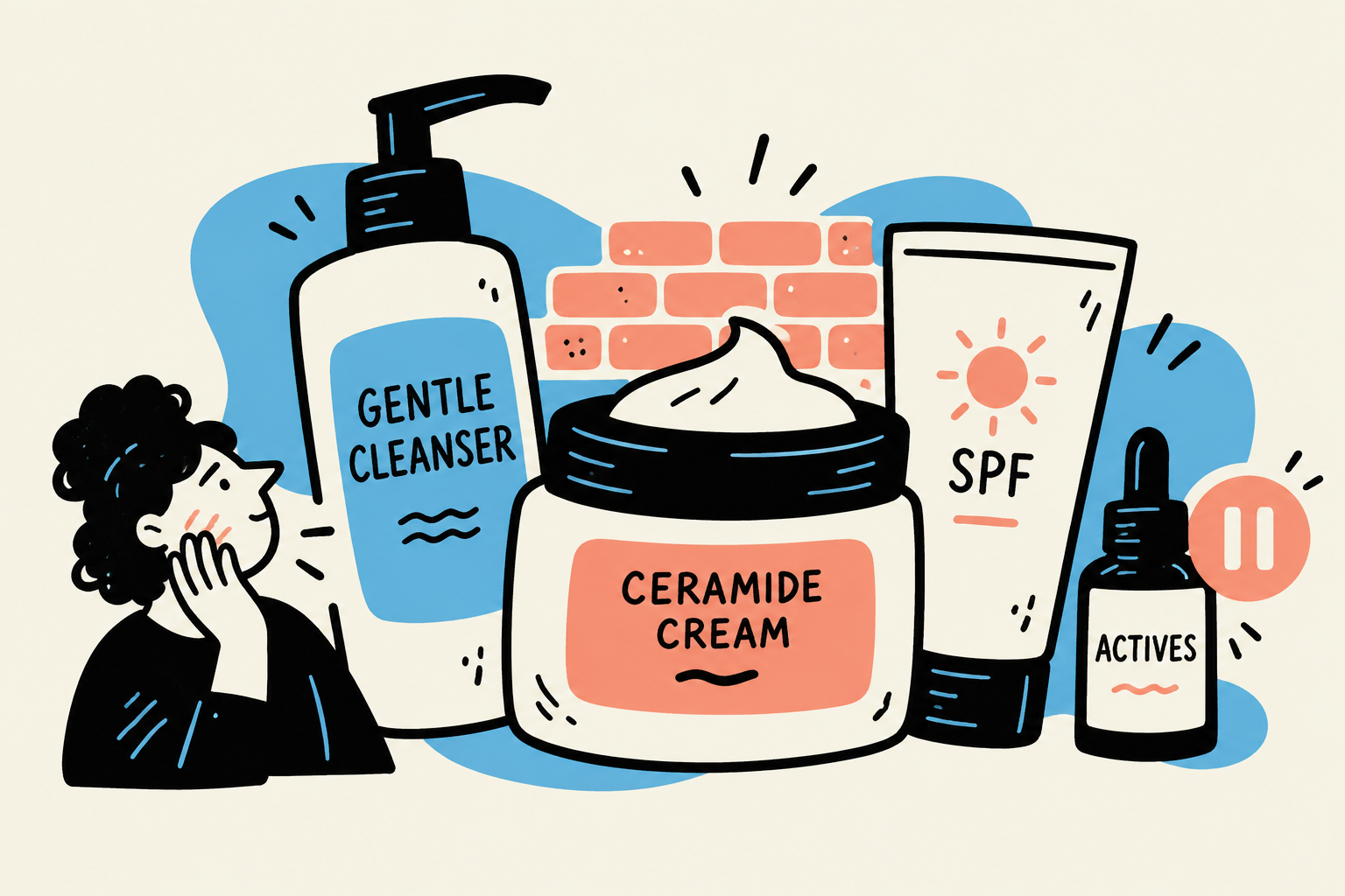 Illustrated gentle cleanser, ceramide cream, SPF and a paused actives bottle in front of a brick wall