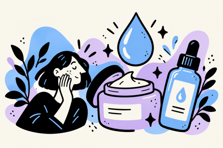 Illustrated blue water drop above a cream jar and dropper bottle with a person touching her cheek