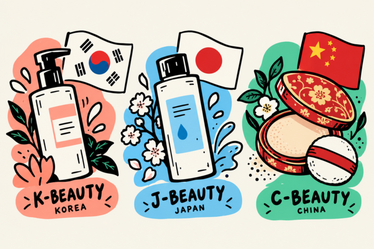 Illustrated K-beauty, J-beauty and C-beauty products with the flags of Korea, Japan and China
