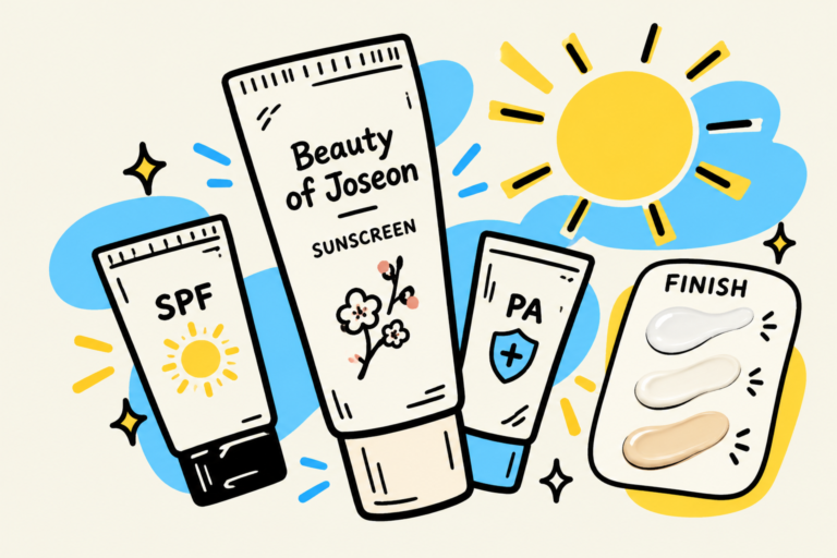 Illustrated sunscreen tubes labeled SPF and PA beside a finish swatch card and a bright sun
