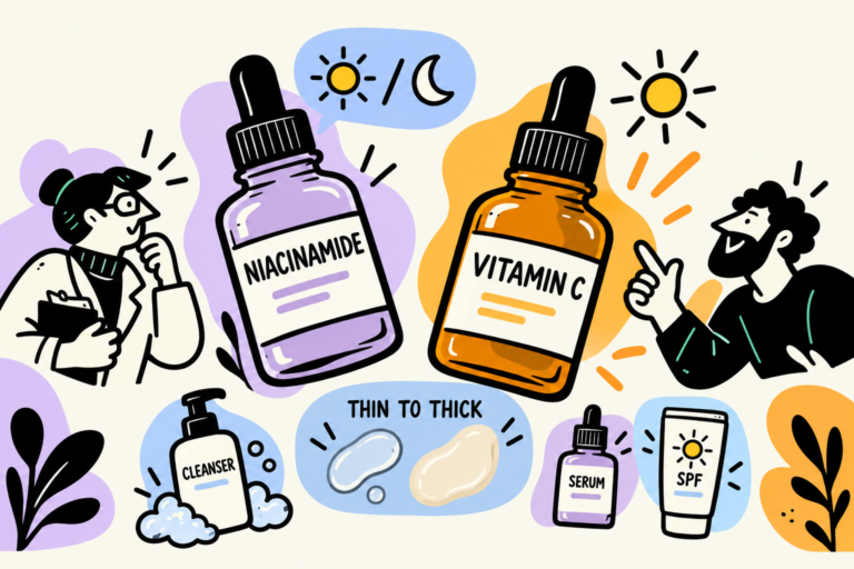 Illustrated niacinamide and vitamin C dropper bottles with a cleanser, serum and SPF