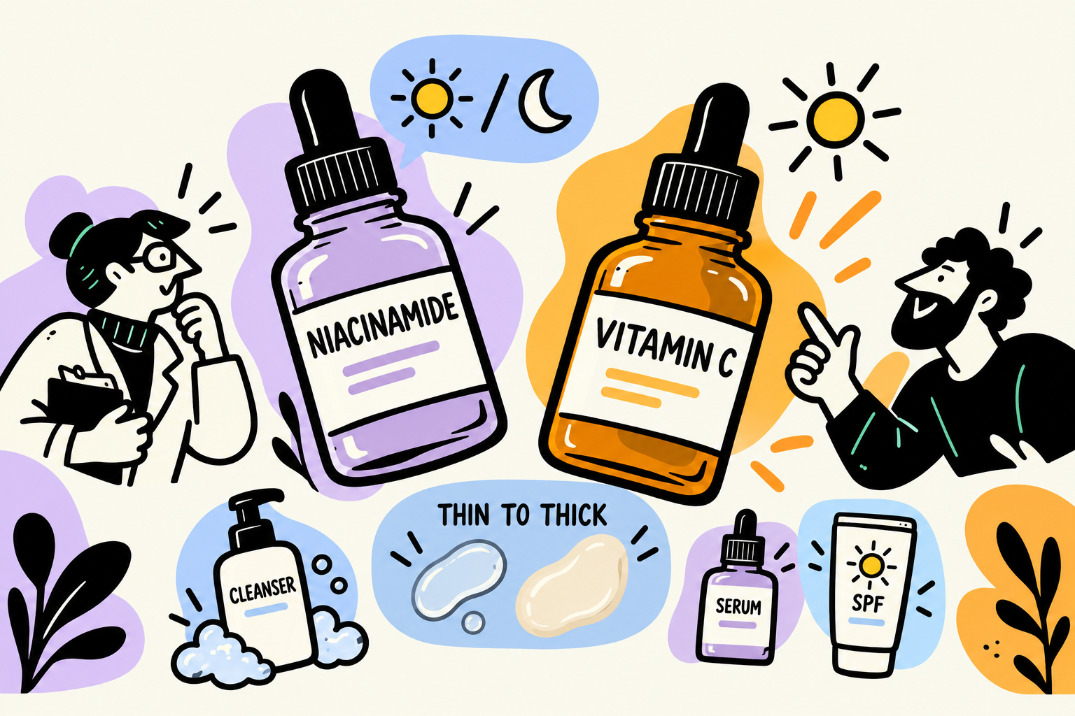 Illustrated niacinamide and vitamin C dropper bottles with a cleanser, serum and SPF