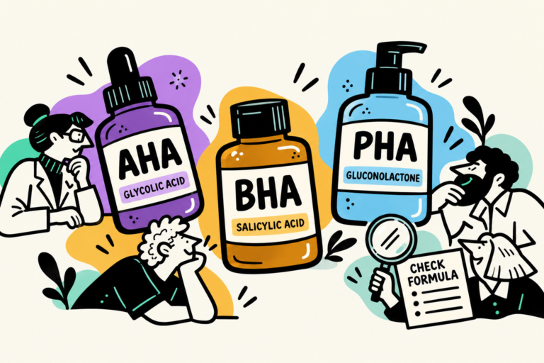 Illustrated AHA, BHA and PHA bottles with a check formula note