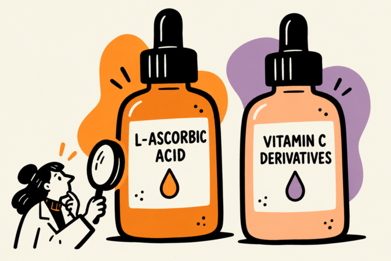 Large bottles compare L-ascorbic acid with vitamin C derivatives, with a small illustrated reader