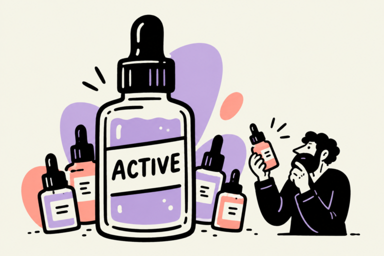 One large active serum bottle with smaller bottles and a small thoughtful illustrated reader