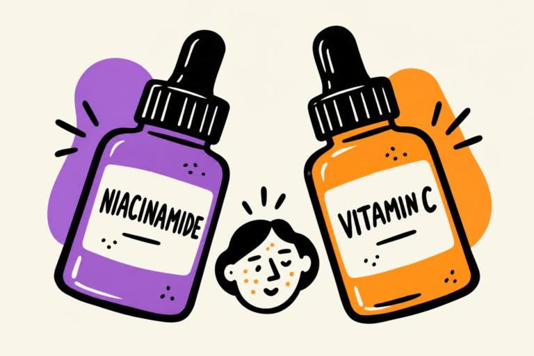 Niacinamide and vitamin C bottles beside a small illustrated face with uneven tone