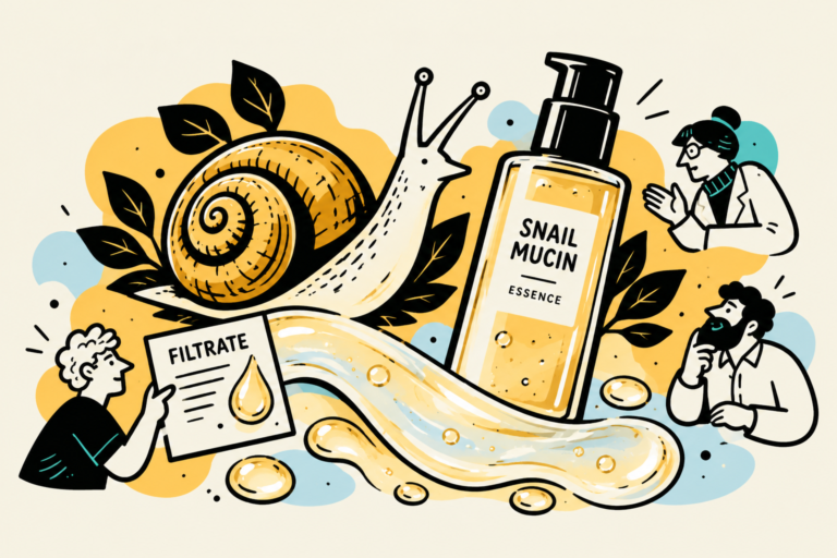 Illustrated snail beside a snail mucin essence bottle and a filtrate note