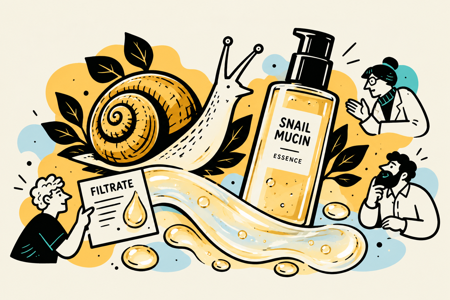 Illustrated snail beside a snail mucin essence bottle and a filtrate note